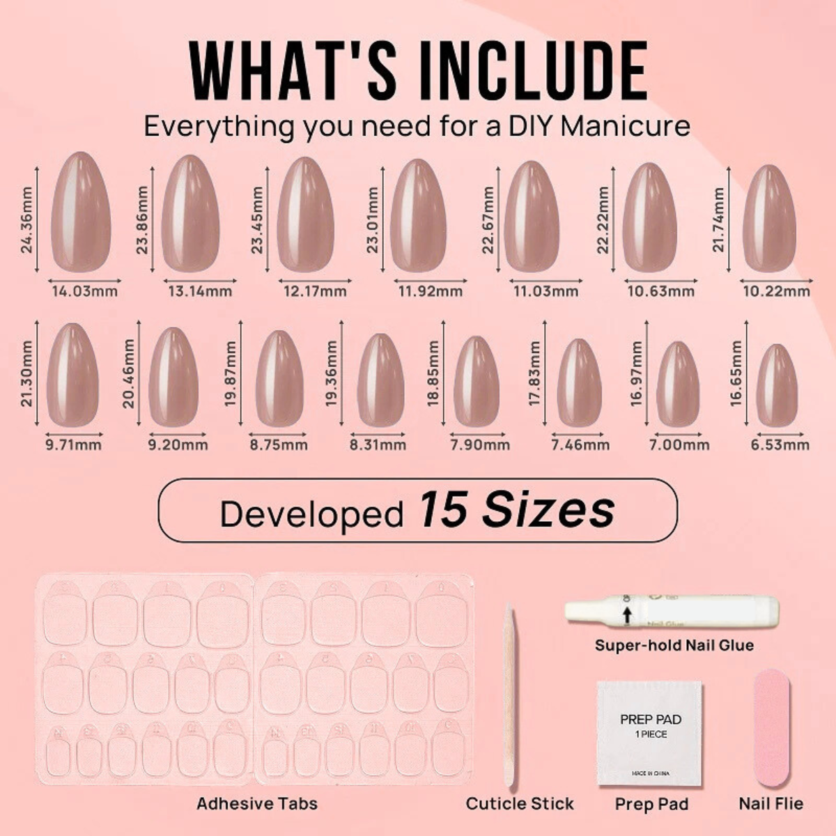 Nail size chart showing different press-on nail widths and measurements.