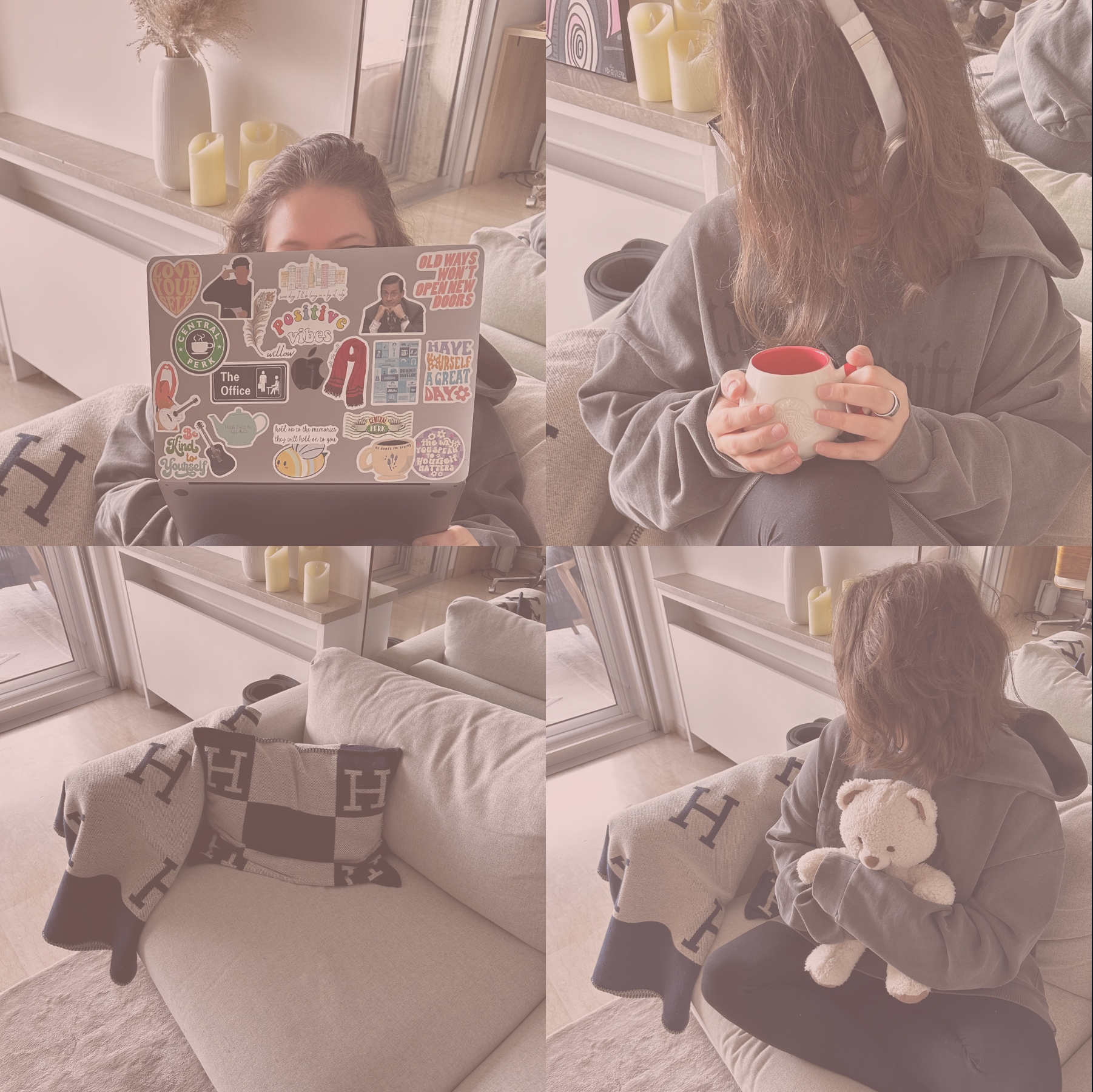 Collage of a person in a cozy living room with a laptop, mug, and teddy bear.