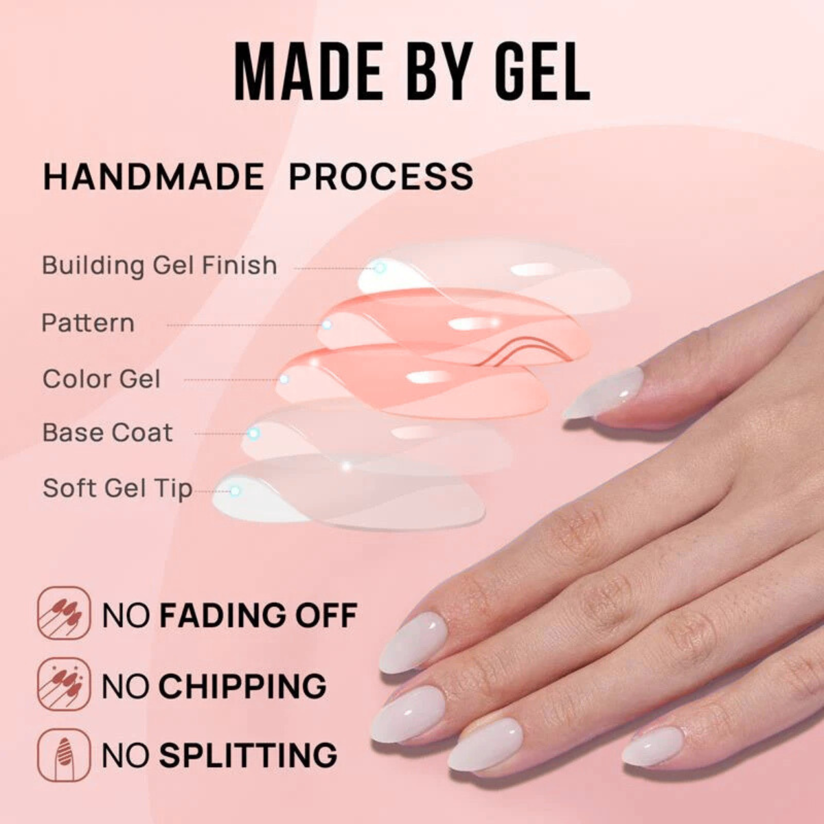 Handmade gel nail process with a hand displaying nails with a soft gel press ons on a pink background.