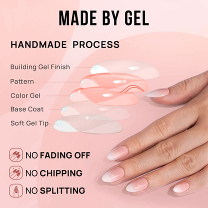 Detailed steps showing how to apply reusable gel press-on nails at home.