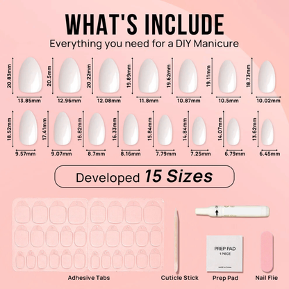 Nail art kit with various components and measurements on a pink background