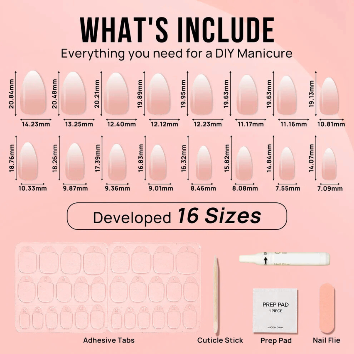 Diagram of nail art supplies including nail shapes, adhesive tabs, cuticle stick, prep pad, and nail file on a pink background.