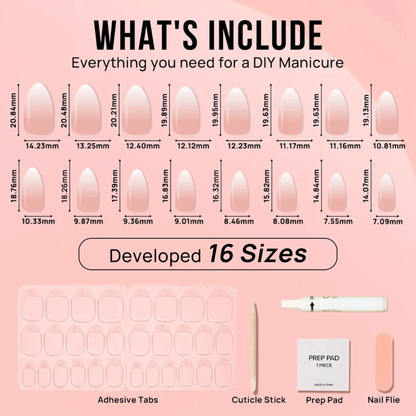 Diagram of nail art supplies including nail shapes, adhesive tabs, cuticle stick, prep pad, and nail file on a pink background.