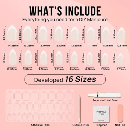 Diagram of a DIY manicure kit with nail shapes, tools, and measurements on a pink background.